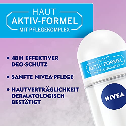 NIVEA Desodorante roll-on Dry Active (50 ml), antitranspirante con protección de 48 horas y doble fórmula activa, antitranspirante roll-on con fragancia femenina y fresca