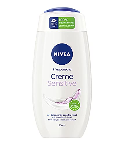 NIVEA Gel de ducha Creme Sensitive (250 ml), gel de ducha sin jabón para piel sensible, crema suave nutritiva con extracto de manzanilla