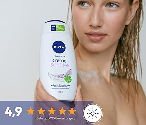 NIVEA Gel de ducha Creme Sensitive (250 ml), gel de ducha sin jabón para piel sensible, crema suave nutritiva con extracto de manzanilla