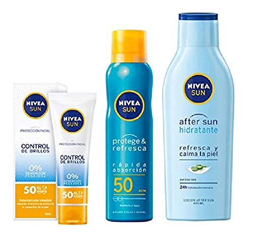 NIVEA SUN crema solar facial FP50 + Protege & Refresca Spray Bruma Solar FP50 + After Sun Loción Hidratante