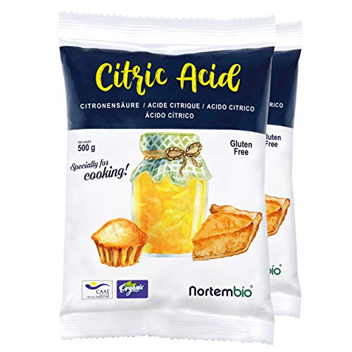 Nortembio Ácido Cítrico Anhidro Ecológico 1 Kg (2x500g). Grado Alimentario, 100% Puro. Acidulante y Conservante para Cocina y Repostería. Especial para Limonada y Mermeladas. E-Book Incluido.