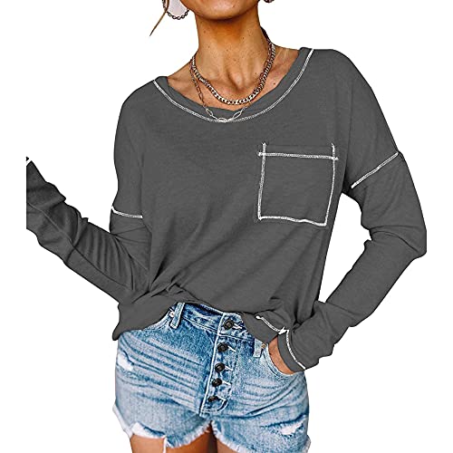 Novedades para Mujer OtoñO/Invierno Gran Oferta Color Puro Casual Bolsillo Suelto Manga Larga Camiseta para Mujer Top