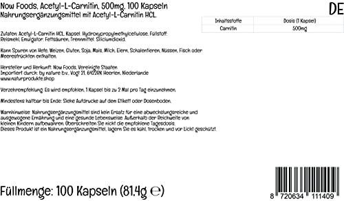 Now Foods, Acetyl-L-Carnitine (Acetil-L-Carnitina), 500 mg, 100 Cápsulas veganas, Probado en Laboratorio, Aminoácido, Sin Gluten, Sin Soja, Vegetariano