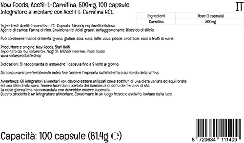 Now Foods, Acetyl-L-Carnitine (Acetil-L-Carnitina), 500 mg, 100 Cápsulas veganas, Probado en Laboratorio, Aminoácido, Sin Gluten, Sin Soja, Vegetariano