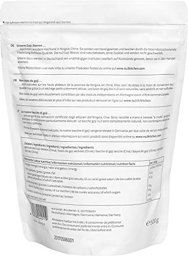 nu3 Bayas de Goji Premium - 500g Superalimento de moda - Secadas naturalmente sin sulfato - Ideal para el desayuno - Ayuda a fortalecer el sistema inmunológico - Contiene vitaminas y minerales