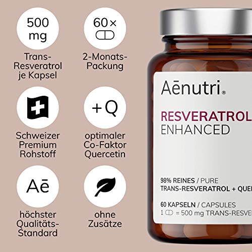 NUEVO: Resveratrol Plus dosis alta | 500 mg Premium Trans-Resveratrol de Suiza por cápsula | Fórmula optimizada con quercetina | Calidad probada en laboratorio de DE | 60 cápsulas