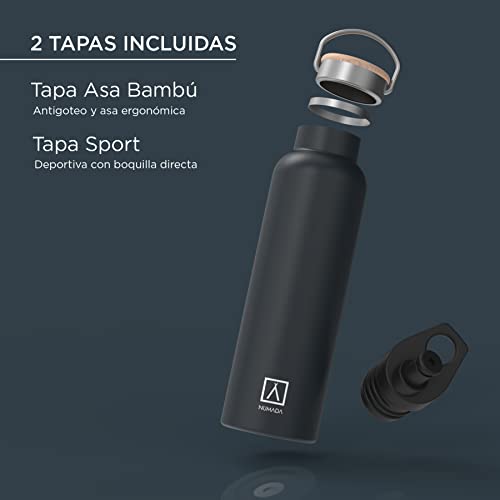 NUMADA-Botella Térmica Acero Inox 600ml Negra Estanca con Doble Pared al Vacío y Recubrimiento Cerámico. Mantiene Frío 24H y Calor 12H|Boca Ancha|Libre BPA|Incluye 2 Tapones (1 Sport)/Bolsa Transporte