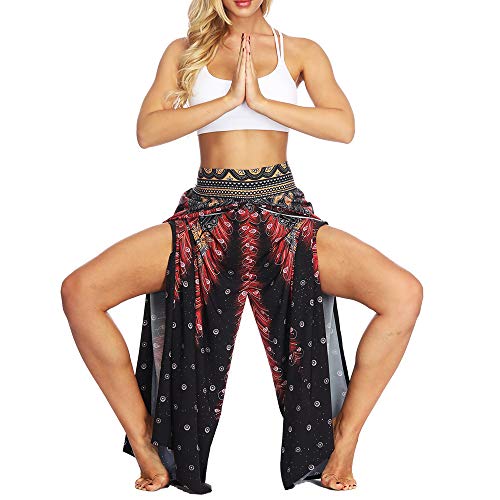 Nuofengkudu Mujer Hippie Largo Pantalones Dividir Pata Ancha Flores Estampados Sueltos Elegantes Comodos Thai Yoga Pants Verano Playa Vacaciones(Negro Pavo A,S/M)