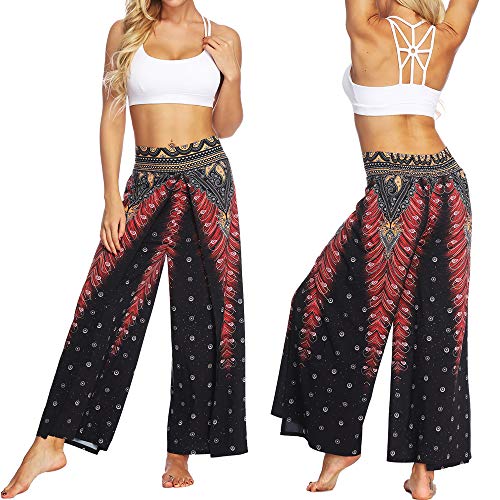 Nuofengkudu Mujer Hippie Largo Pantalones Dividir Pata Ancha Flores Estampados Sueltos Elegantes Comodos Thai Yoga Pants Verano Playa Vacaciones(Negro Pavo A,S/M)