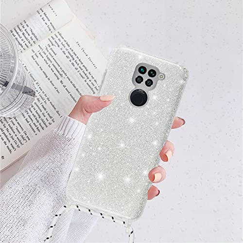 Nupcknn Funda Silicona con Cuerda para Xiaomi Redmi Note 9, Carcasa Suave Silicona Case con Correa Colgante Ajustable Collar Correa de Cuello Cadena Cordón 1.5M() (Brillantina)