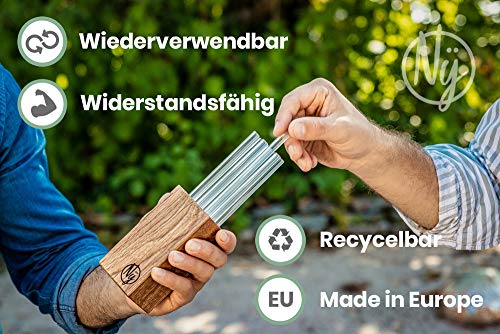 Nÿ Straw – 8 pajitas reutilizables y sostenibles de cristal de 20 cm en bloque de madera reciclado, incluye cepillo de limpieza, sin plástico y apto para lavavajillas