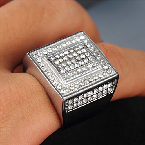 OAKKY Hombre Acero Inoxidable Vogue Europa y América Estilo Hip-Hop Square Diamond Anillo Plata Tamaño 19