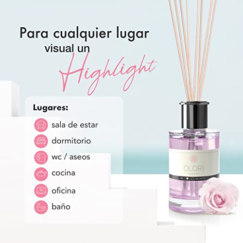 Olori Ambientador de hogar Mikado - Difusor de Varillas  - Rosa, 100ml - Natural, de Larga duración 2-3 Meses, con aceites Esenciales