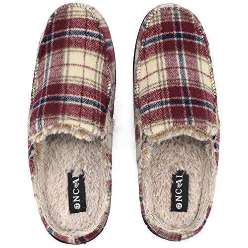 ONCAI Zapatillas de Casa para Hombre-Tartán Lana Pantuflas de Invierno Memory Foam-Antideslizante Tweed Mocasines Pantufla con Suave Vellón Rojo EU 40