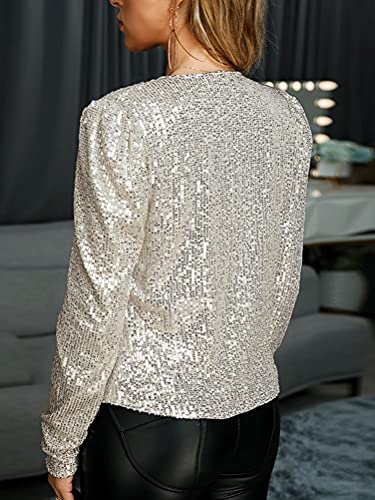 Onsoyours Chaqueta con Lentejuelas Brillantes para Mujer Cárdigan Jersey de Manga Ropa de Fiesta Larga Bolero Top Cortos Elegante Blazer Glitter Party Champán M