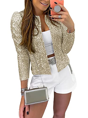 Onsoyours Chaqueta con Lentejuelas Brillantes para Mujer Cárdigan Jersey de Manga Ropa de Fiesta Larga Bolero Top Cortos Elegante Blazer Glitter Party Champán M