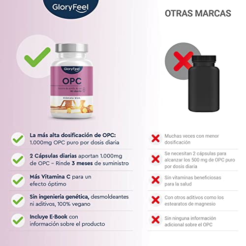 OPC Extracto de semilla de uva + Vitamina C - 1000mg OPC puro de uvas francesas originales por dosis diaria (2 cápsulas)- Producido en Alemania y probado en laboratorio- 180 cápsulas veganas