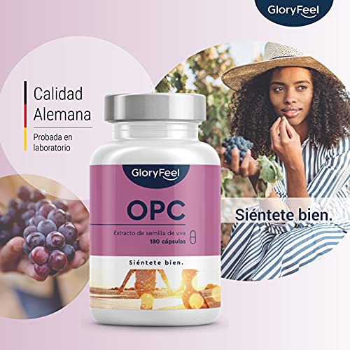 OPC Extracto de semilla de uva + Vitamina C - 1000mg OPC puro de uvas francesas originales por dosis diaria (2 cápsulas)- Producido en Alemania y probado en laboratorio- 180 cápsulas veganas