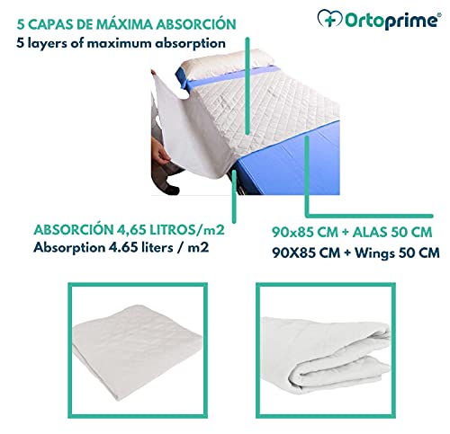 OrtoPrime Empapador Cama Super Absorbente 4,65 Litros m2 + 400 Lavados - Protector Colchón 5 Capas - Empapador Adultos Bebes y Niños - Protector Cama con Alas - Empapador Lavable 90 x 85