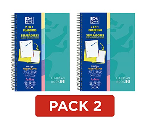 Oxford, Cuadernos A4, cuadrícula 5x5, 5 pestañas, Pack de 2 unidades, microperforados, tapas extraduras, 100 Hojas, 90 gr, color ice mint