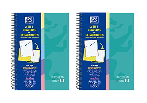 Oxford, Cuadernos A4, cuadrícula 5x5, 5 pestañas, Pack de 2 unidades, microperforados, tapas extraduras, 100 Hojas, 90 gr, color ice mint