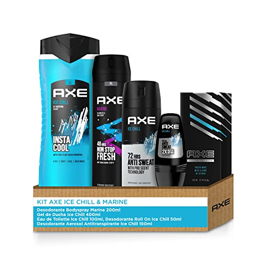 Pack Axe Ice Chill Desodorante Roll-On y Antitranspirante, Eau de Toilette, Gel y Marine Desodorante Aerosol