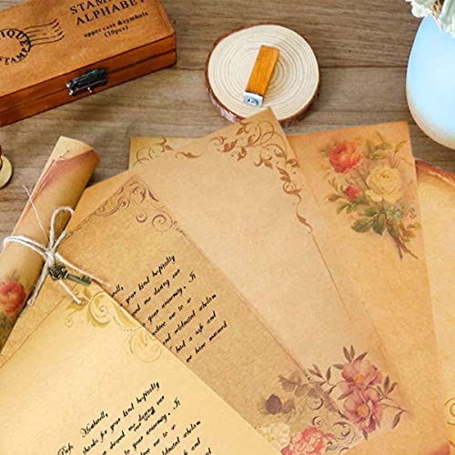 Papel de Escribir Vintage,Pergaminos para Escribir,24 Hojas Papel de Carta Vintage Escribir Papelería con 6 Estilos de Patrones Retro Invitaciones,Juego de Sobres de Letras Envejecidas