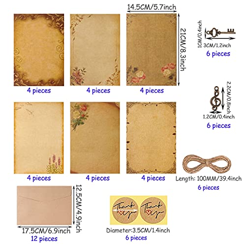 Papel de Escribir Vintage,Pergaminos para Escribir,24 Hojas Papel de Carta Vintage Escribir Papelería con 6 Estilos de Patrones Retro Invitaciones,Juego de Sobres de Letras Envejecidas