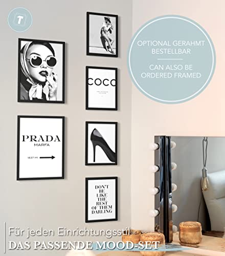 Papierschmiede® Mood-Poster Set Coco blanco-negro | Cuadros como decoración de paredes | Living y dormitorio | 2x A3 y 4x A4 | Glamour Estilo de vida Moda - sin marco