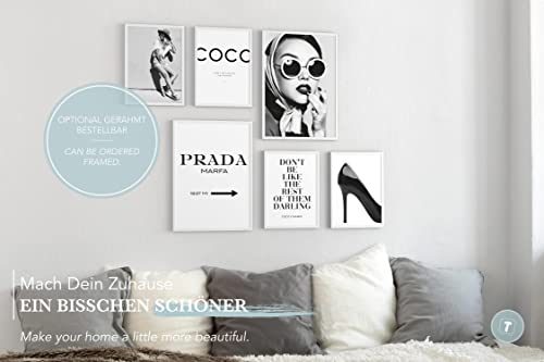 Papierschmiede® Mood-Poster Set Coco blanco-negro | Cuadros como decoración de paredes | Living y dormitorio | 2x A3 y 4x A4 | Glamour Estilo de vida Moda - sin marco