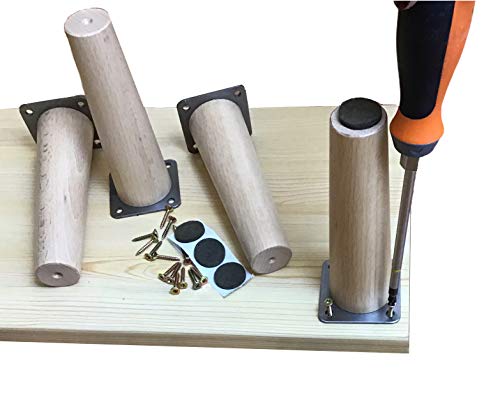 Patas de madera de Haya, con placa de montaje instalada. Pack de 4 unidades de patas para muebles, 8,10,12,15,20.cm alto, patas de madera cónicas rectas. (4 unidades 20 cm, Natural)