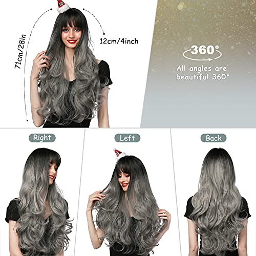 Pelucas Para Mujer Rizada Largas Gris Pelo Natural con Flequillo Sintéticas De Aspecto Natural Resistente Al Calor Onduladas Postizos para Cosplay Disfraces Fiesta Diaria Halloween 28 Pulgadas