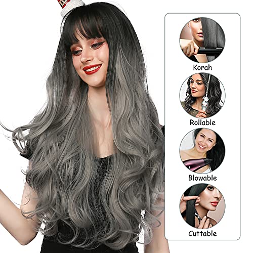 Pelucas Para Mujer Rizada Largas Gris Pelo Natural con Flequillo Sintéticas De Aspecto Natural Resistente Al Calor Onduladas Postizos para Cosplay Disfraces Fiesta Diaria Halloween 28 Pulgadas