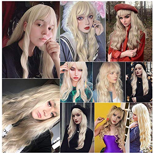 Pelucas rubia larga mujer con flequillo pelo natural largo ondulada, YEESHEDO peluca de pelo rubio largo suelto y rizada, wavy blonde wig para mujeres y niñas 28"