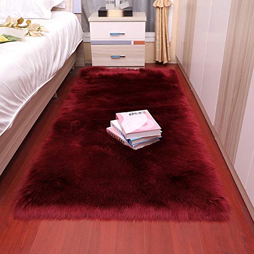 Peluche Suave Suave Alfombra ImitacióN Lana Almohadilla De Lana Longitud Longitud De Cabello Colcha Sofá CojíN Alfombras Rojo Sala De Estar Piel Alfombra-Vino Tinto 50x80cm