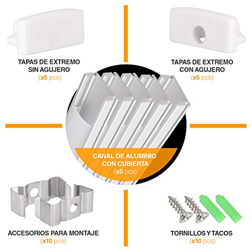 Perfil de aluminio para tira LED, Pack de 5 canaletas de 1 metro para LED con cubierta / tapa blanca translucida protectora. Incluido todo necesario para montaje. (PLATA 00)