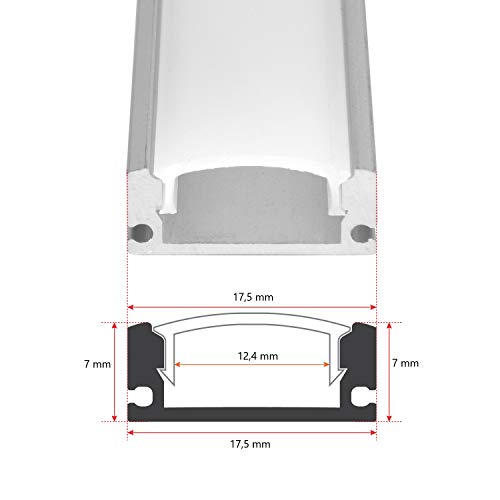 Perfil de aluminio para tira LED, Pack de 5 canaletas de 1 metro para LED con cubierta / tapa blanca translucida protectora. Incluido todo necesario para montaje. (PLATA 00)