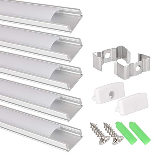 Perfil de aluminio para tira LED, Pack de 5 canaletas de 1 metro para LED con cubierta / tapa blanca translucida protectora. Incluido todo necesario para montaje. (PLATA 00)