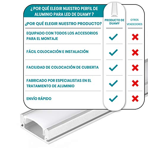 Perfil de aluminio para tira LED, Pack de 5 canaletas de 1 metro para LED con cubierta / tapa blanca translucida protectora. Incluido todo necesario para montaje. (PLATA 00)