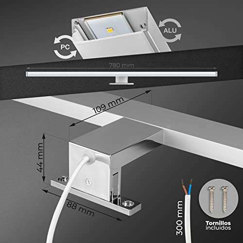 POPP- Lámpara Aplique de Espejo Baño LED 78CM 220V 8W 12W 15W Prueba de Agua IP44 Aluminio Cromado y PC Luz blanca Neutra 4000K Fría 6000K (15W 1200Lm, 6000K)