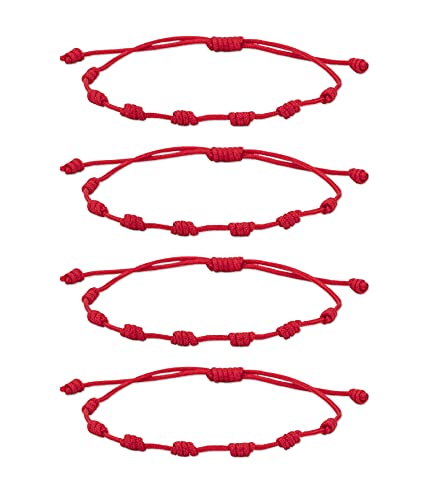 Possidonia Pulsera Roja 7 Nudos | Amuleto Hilo Rojo | Pulsera de la Suerte y Protección | Unisex, Ajustable| Buena Suerte | Pulsera Amistad, Pareja| Pack 4 uds