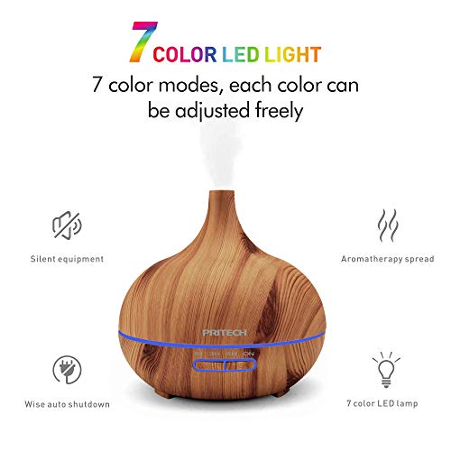 PRITECH - 400ml Humidificador Ultrasónico Aromaterapia, Difusor de Aceites Esenciales de Vapor Frío, 7 Colores LED, con diseño de Grano de Madera, Apagado automático y Ultrasilencioso