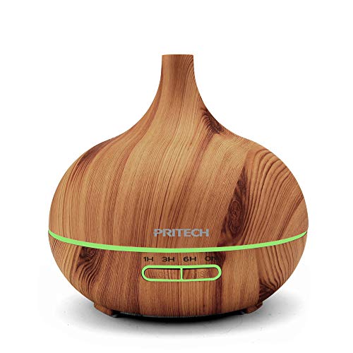 PRITECH - 400ml Humidificador Ultrasónico Aromaterapia, Difusor de Aceites Esenciales de Vapor Frío, 7 Colores LED, con diseño de Grano de Madera, Apagado automático y Ultrasilencioso