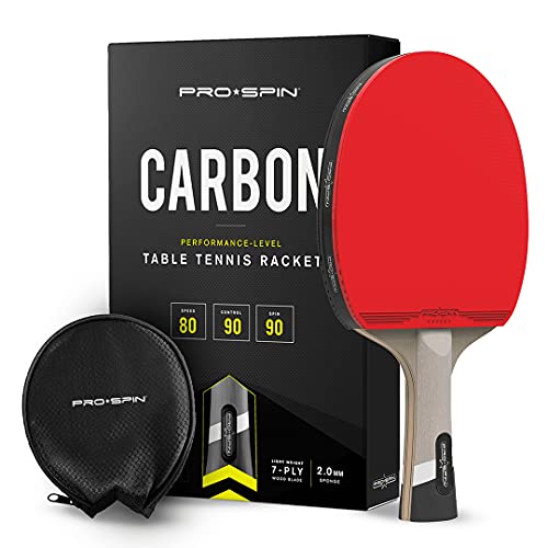 PRO-SPIN Pala de Ping Pong con Fibra de Carbono – Madera 7-ply, Goma Ofensiva, Esponja 2 mm, Funda de Raqueta de Tenis Mesa Premium (Pack de 1)