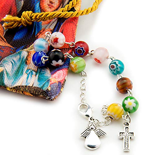 Pulsera Angel de la Guarda con 10 Bolas Cristal Murano de 8 mm, Cruz, Angelito y Bolsa de Algodon con Imágenes de la Virgen María. Decenario Angel de la Guarda