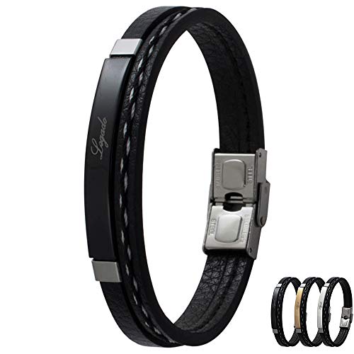 Pulsera hombre mujer Legado, en cuero pu y acero inoxidable, brazalete vikingo chico negra combinable con anillo pendiente collar colgante o tobillera muñequera tipo, personalizable (BLACK 19,5)