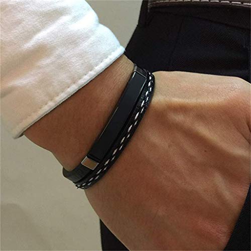 Pulsera hombre mujer Legado, en cuero pu y acero inoxidable, brazalete vikingo chico negra combinable con anillo pendiente collar colgante o tobillera muñequera tipo, personalizable (BLACK 19,5)