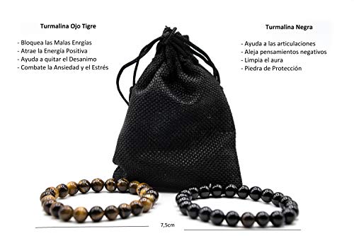 Pulsera Negra Turmalina y Pulsera Ojo de Tigre - pulsera Piedras Naturales - Pulseras para parejas - Pulsera Hombre - Pulsera Mujer con Bolsa Regalo Energética - Pulsera Curativa - onix Chakras Estrés