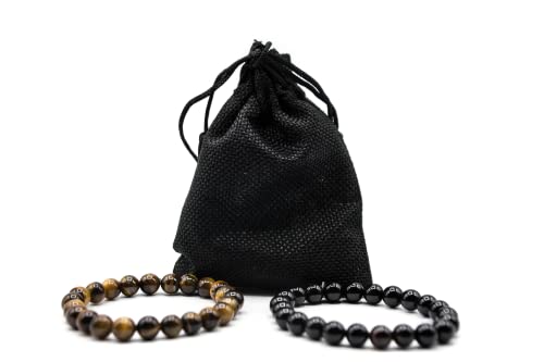 Pulsera Negra Turmalina y Pulsera Ojo de Tigre - pulsera Piedras Naturales - Pulseras para parejas - Pulsera Hombre - Pulsera Mujer con Bolsa Regalo Energética - Pulsera Curativa - onix Chakras Estrés