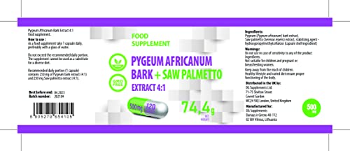 Pygeum Africanum Corteza + Saw Palmetto 500mg 120 Cápsulas Veganas, Extracto 4:1 , Alta Potencia, Sin Gluten, Sin OGM